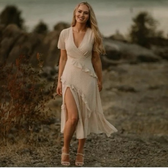 Lulus | Swiss Dot Ruffled Midi Dress in Cream NWT Style: Next to You - Picture 10 of 10